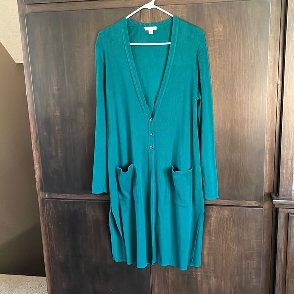 J. Jill Green Ribbed Duster Cardigan Sweater cotton Silk Blend Medium - Picture 2 of 6